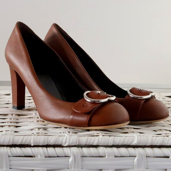 Gucci Brown Leather Block Heel Pumps Logo Buckle Designer Office Party Shoes 7.5 - Picture 12 of 16